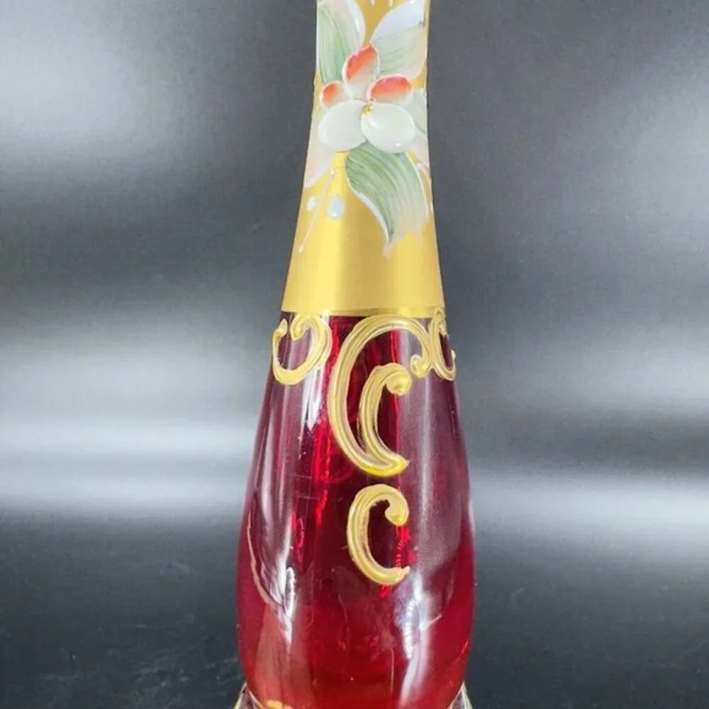 Venetian Art Glass Vase Raised Flowers Ruby Red Heavy Gold Painted Made In Italy